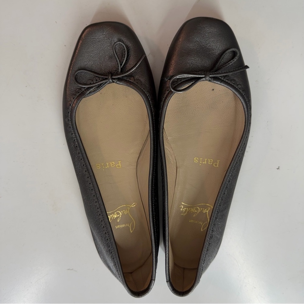 Christian Louboutin Ballerina Flats Black Leather Red Sole Bow Square Toe 34.5 - Picture 5 of 9